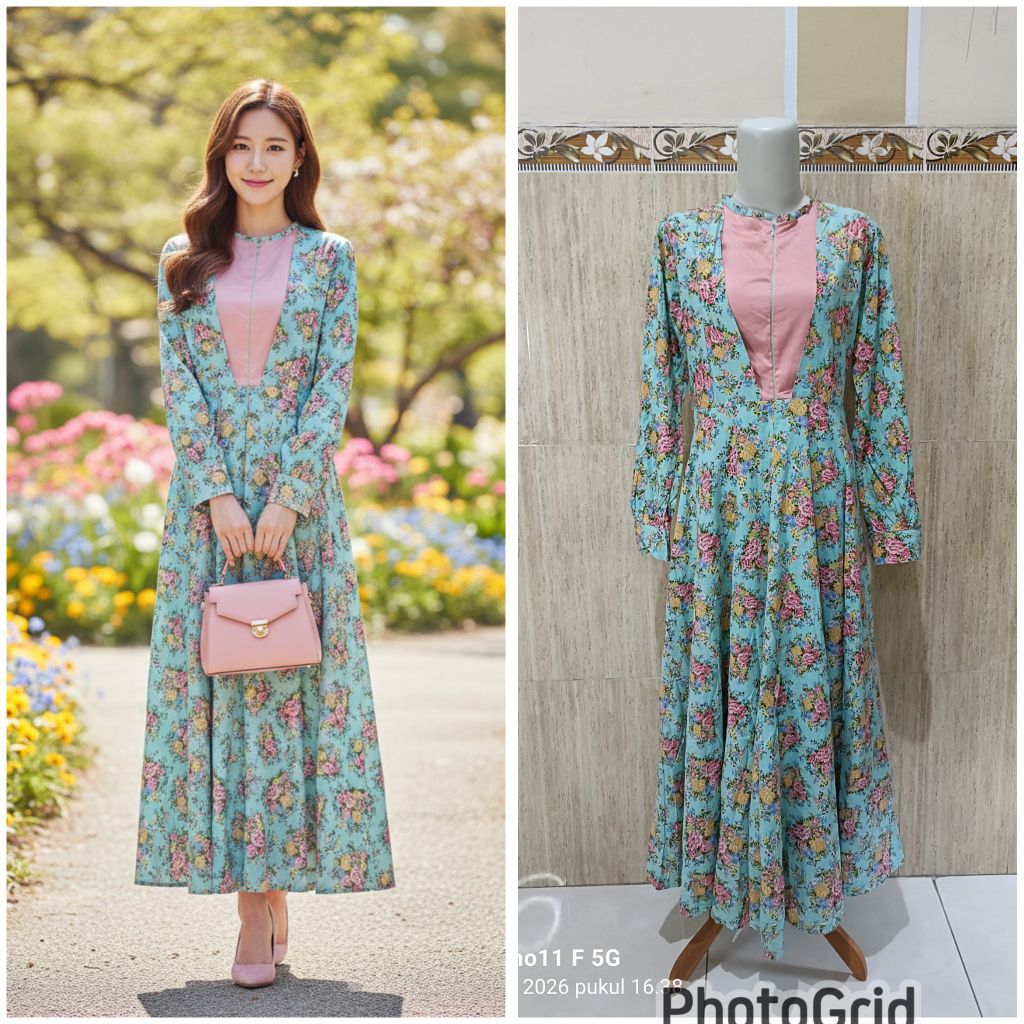 Dress gamis warna biru tosca motif bunga pink lengan panjang bahan katun