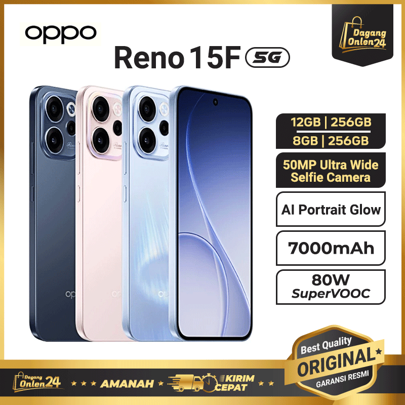 OPPO Reno 15F 5G RAM 12 HP Android Kamera Jernih 7000mAh Snapdragon 6 Handphone Terbaru 2025 Garansi