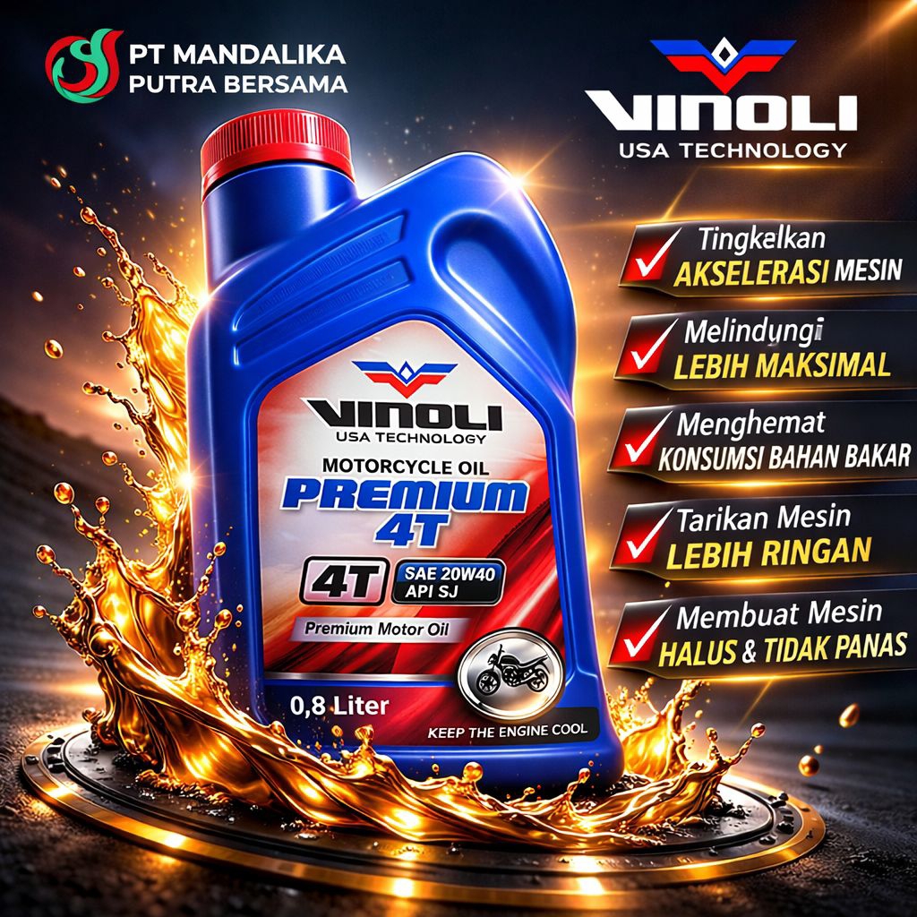 VINOLI Premium Oli Motor 4T 20W40 API SJ 0.8L – Oli Mesin Motor Anti Panas Tarikan Enteng