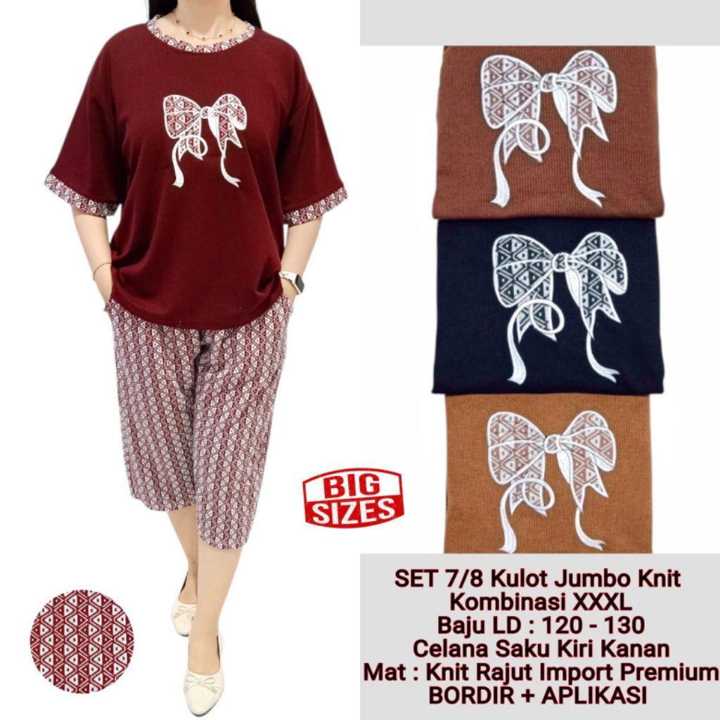 SET 7/8 KULOT JUMBO KNIT PREMIUM / SETELAN 7PER8 FIT XXXL RAJUT KNIT BORDIR