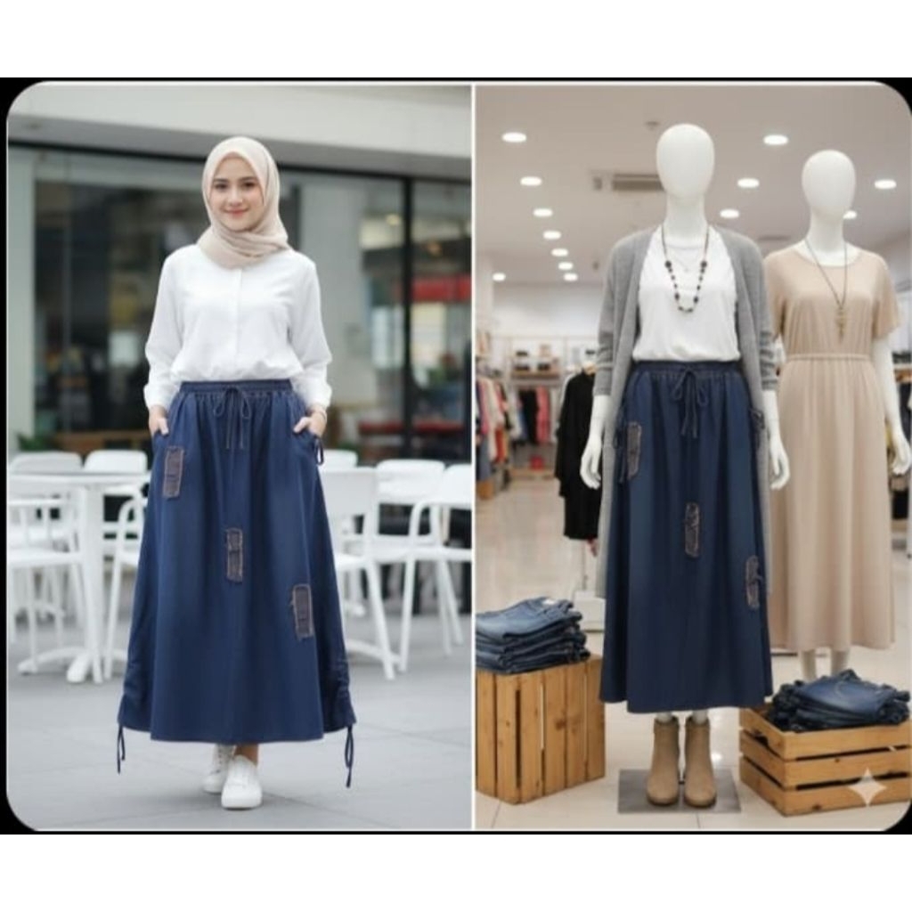Rok Jeans Denim Bahan Premium Import  Rok Kekinian Rok Panjang Pinggang Full Karet