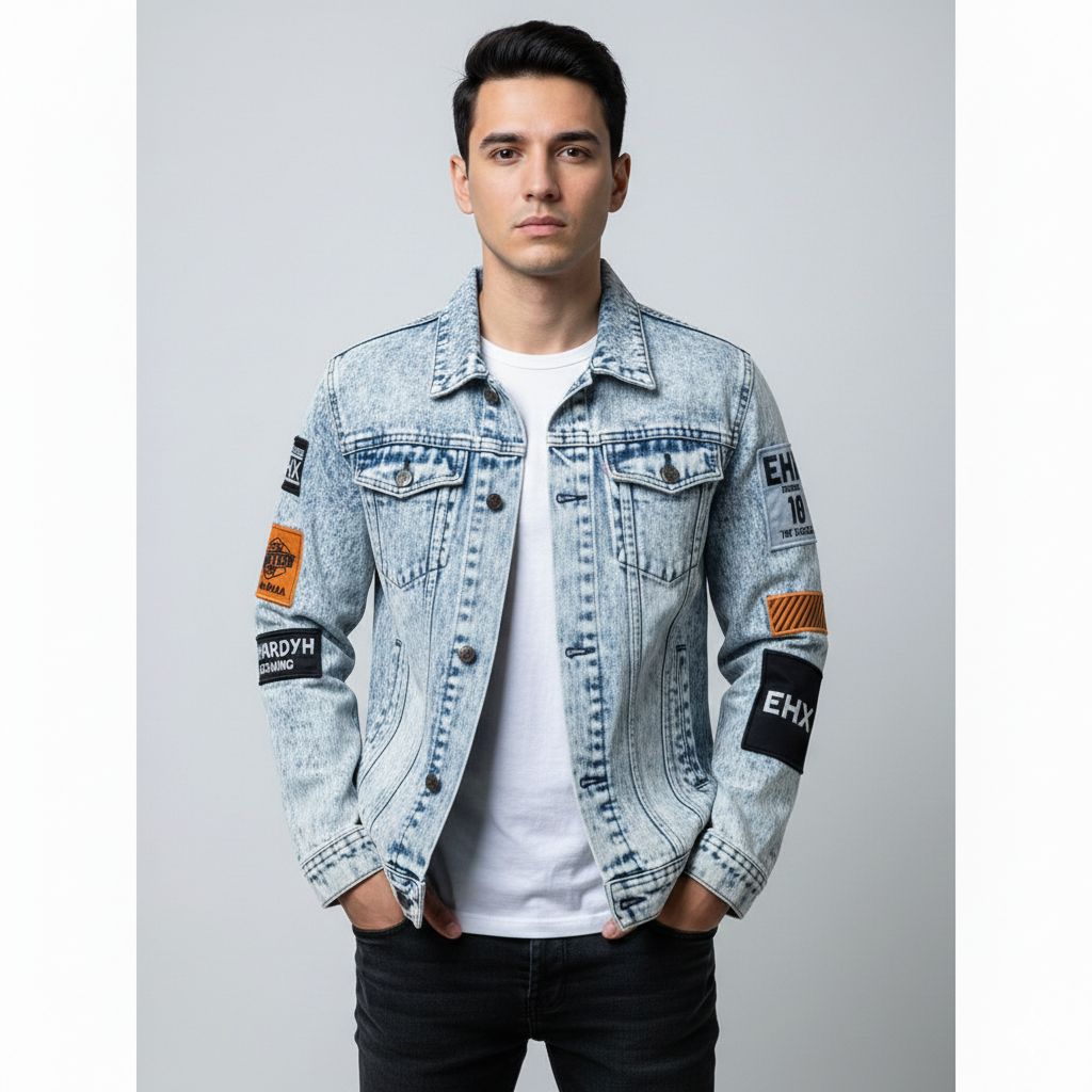 Jaket jeans pria biru sanwos EIGHTEEN bahan denim motif emblem santai keren distro