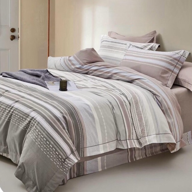 BIOSIBEDDING Sprei Katun Jepang Motif Kotak Garis Coklat Krem Biru Coklat Abstrak Soft Custom King Q