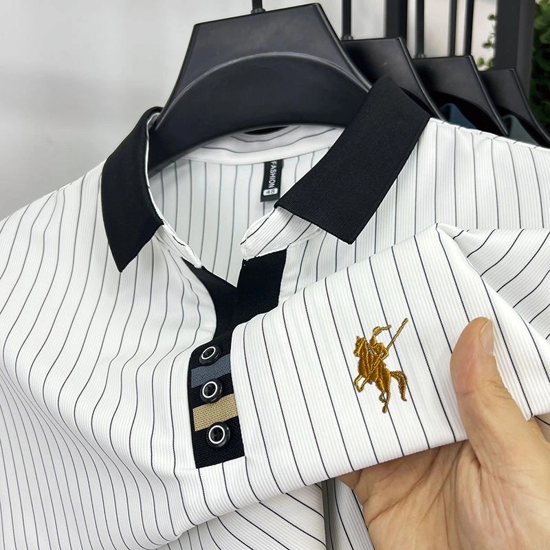 Polo shirt pria Kemeja polo pria lengan pendek motif garis vertikal putih casual putih garis vertika