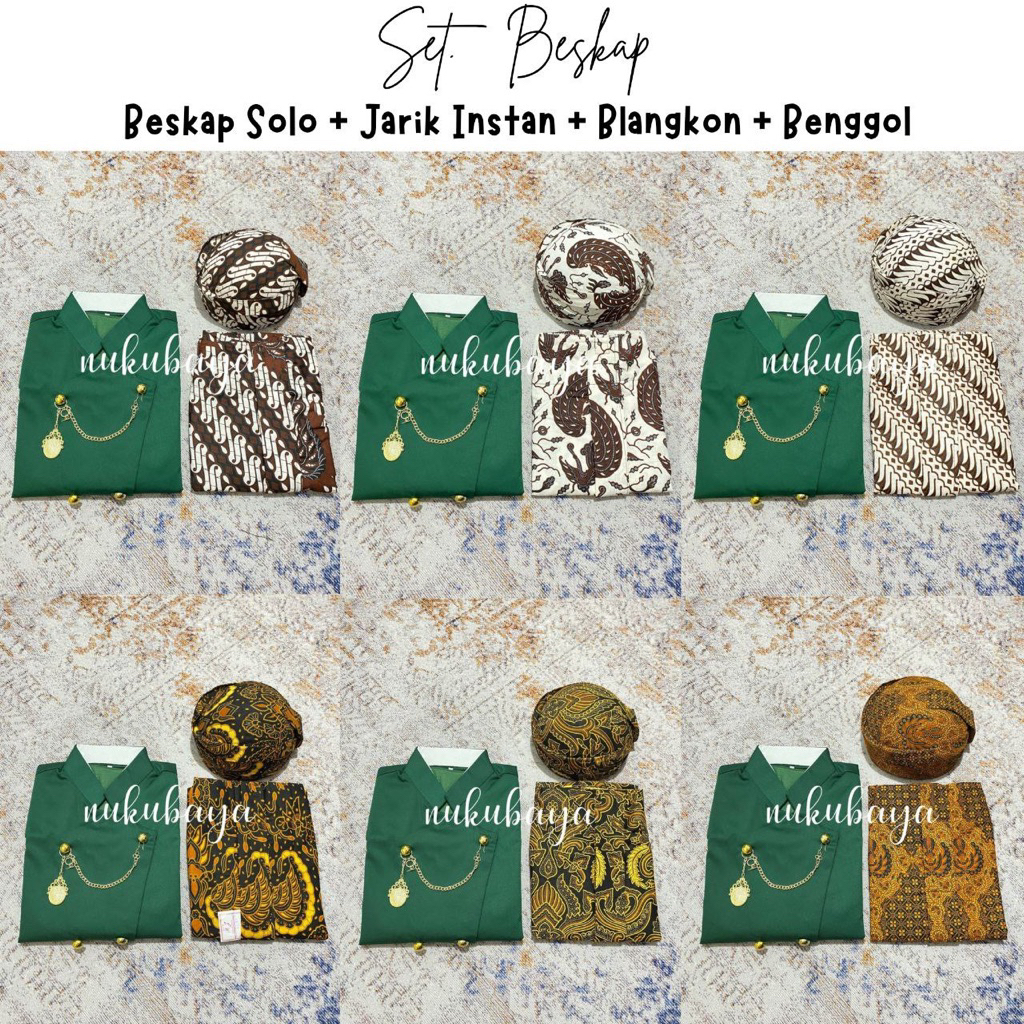 [SB8HJ] Set Pakaian Adat Jawa - Beskap Solo Hijau Botol + Jarik Instan + Blangkon Solo