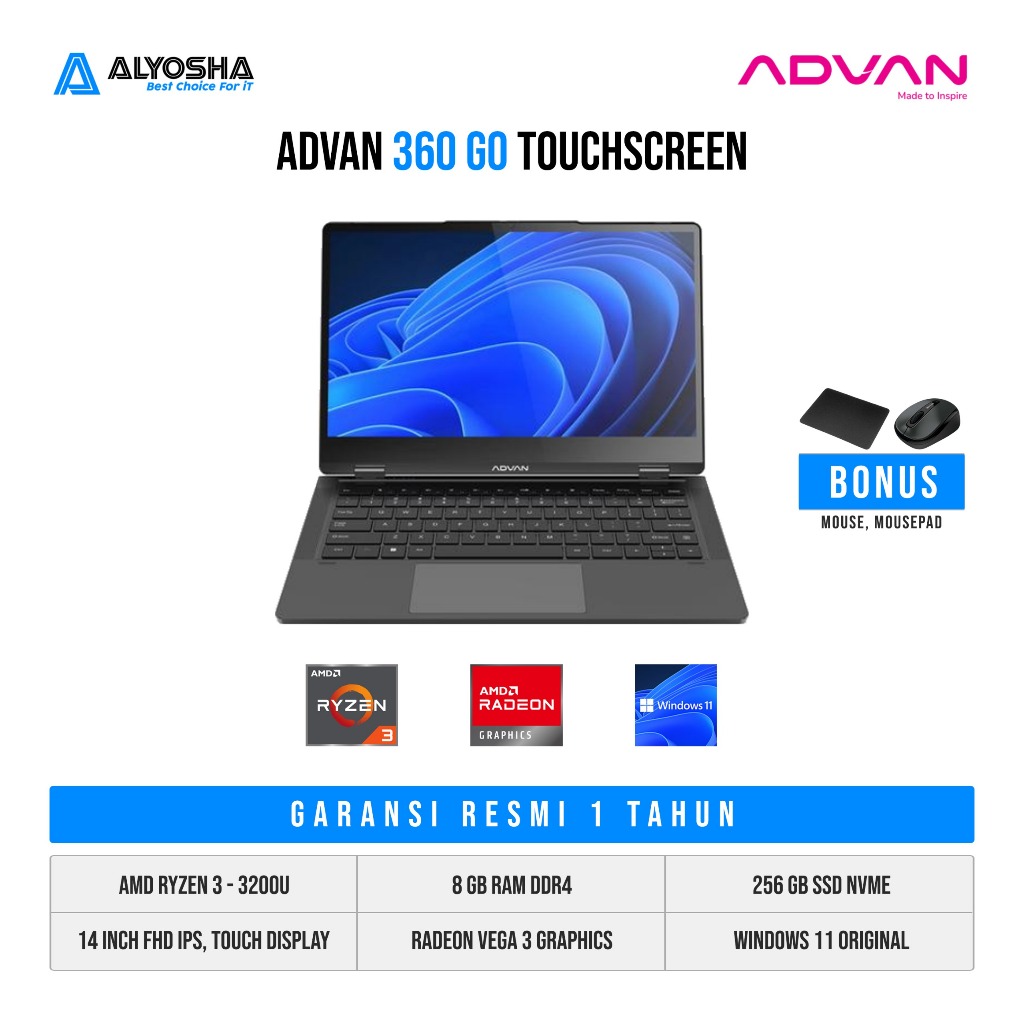 Advan 360 GO AMD Ryzen 3 3200U 8GB SSD 256GB 14 FHD IPS Touchscreen Win11