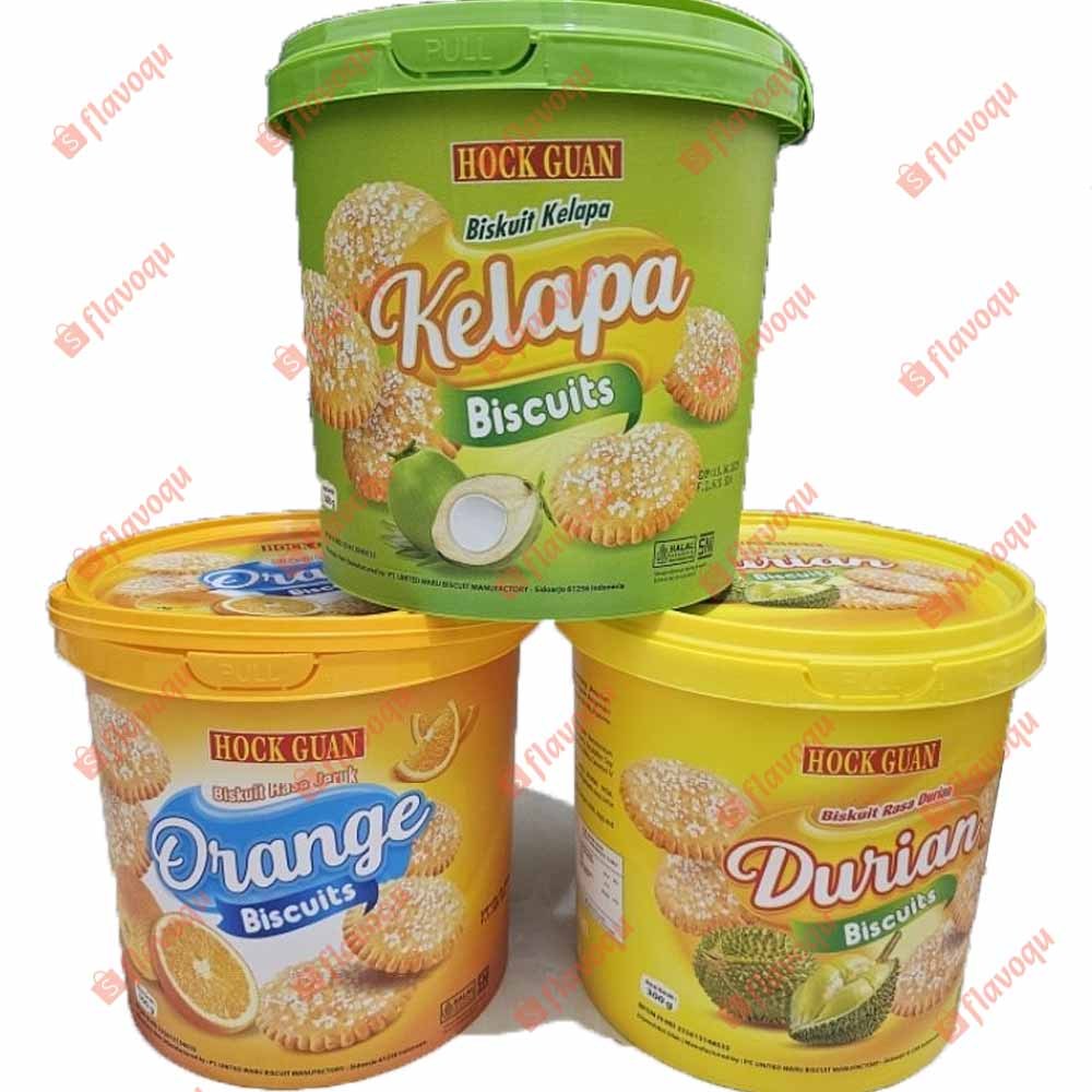 HOCK GUAN Biskuit Bucket Rasa Kelapa Jeruk Orange Durian 300g Kemasan Ember Bucket Plastik Cocok Sec