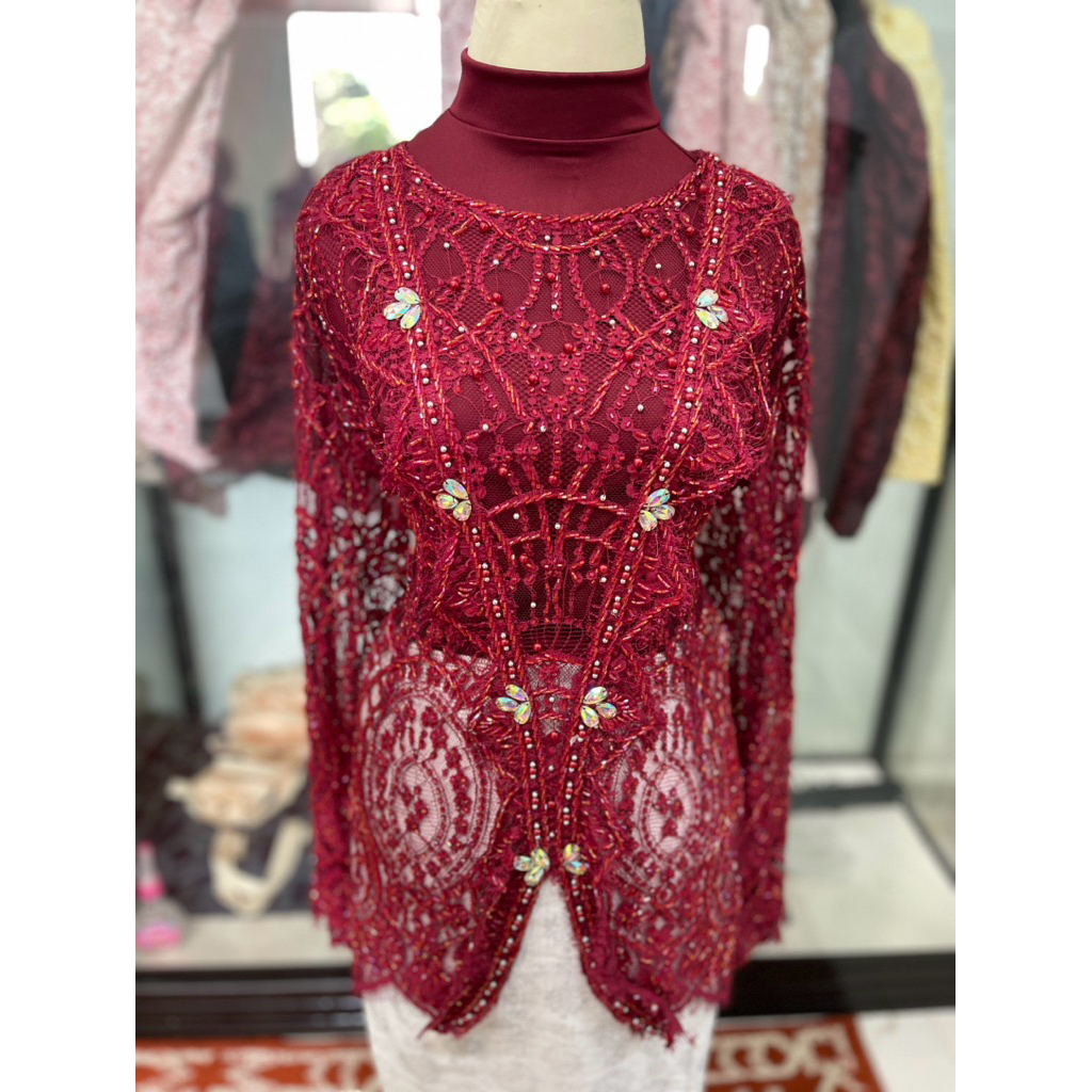 Kebaya Brokat Payet Maroon | Kebaya Modern Elegan |Kebaya Kondangan Wanita Dewasa | Kebaya Brokat Pa