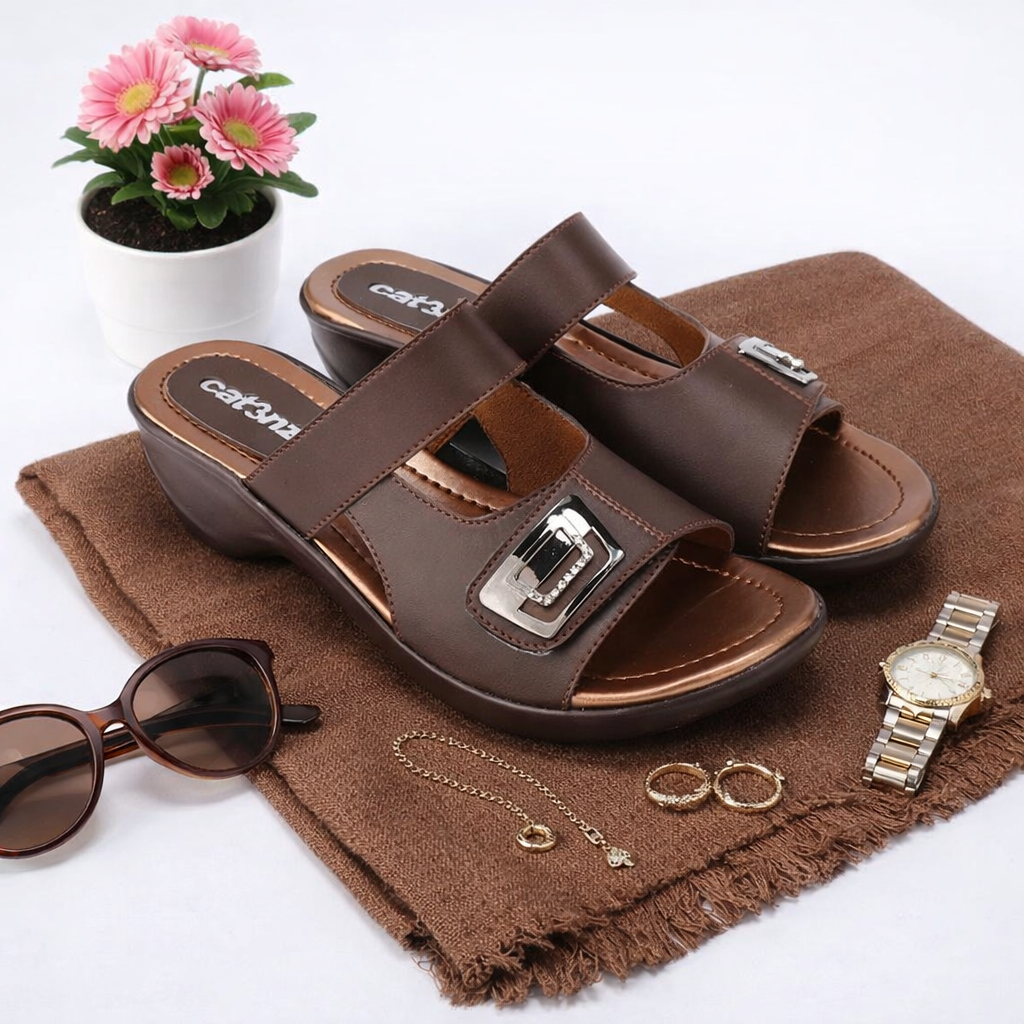 No 36 37 38 39 40 - Sandal Wanita Wedges Kulit Coffe 3cm / Sendal Wedges Kondangan Ibu-Ibu Arisan