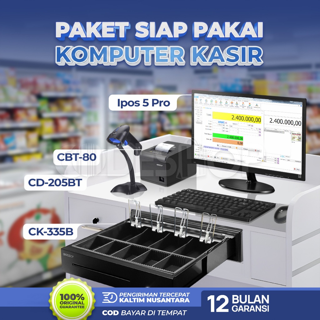Codeshop Printer Thermal 80mm Scanner Barcode 2D Laci Uang Cash Drawer Paket Komputer iPos 5 Pro