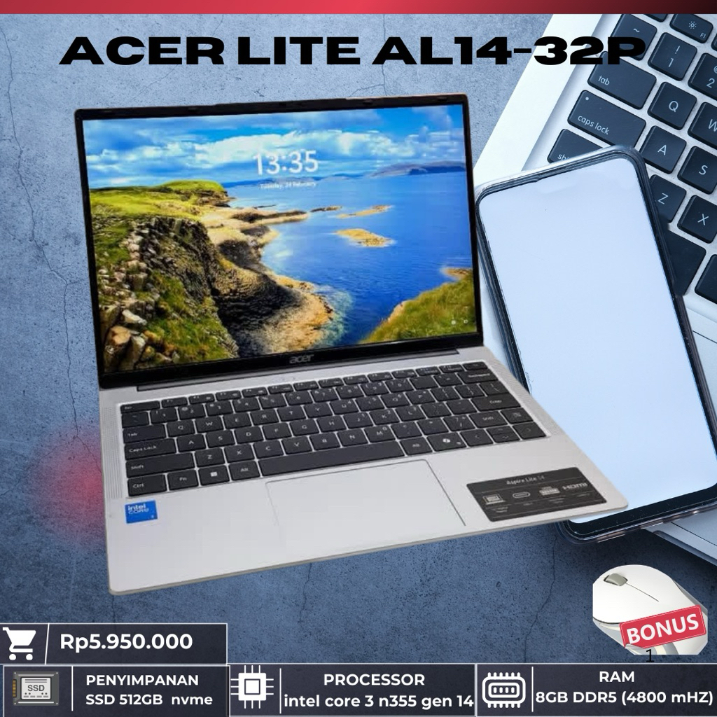Acer Lite AL14-32P, Core 3-N355 gen 14 terbaru. Garansi Smpai Agstus 2026
