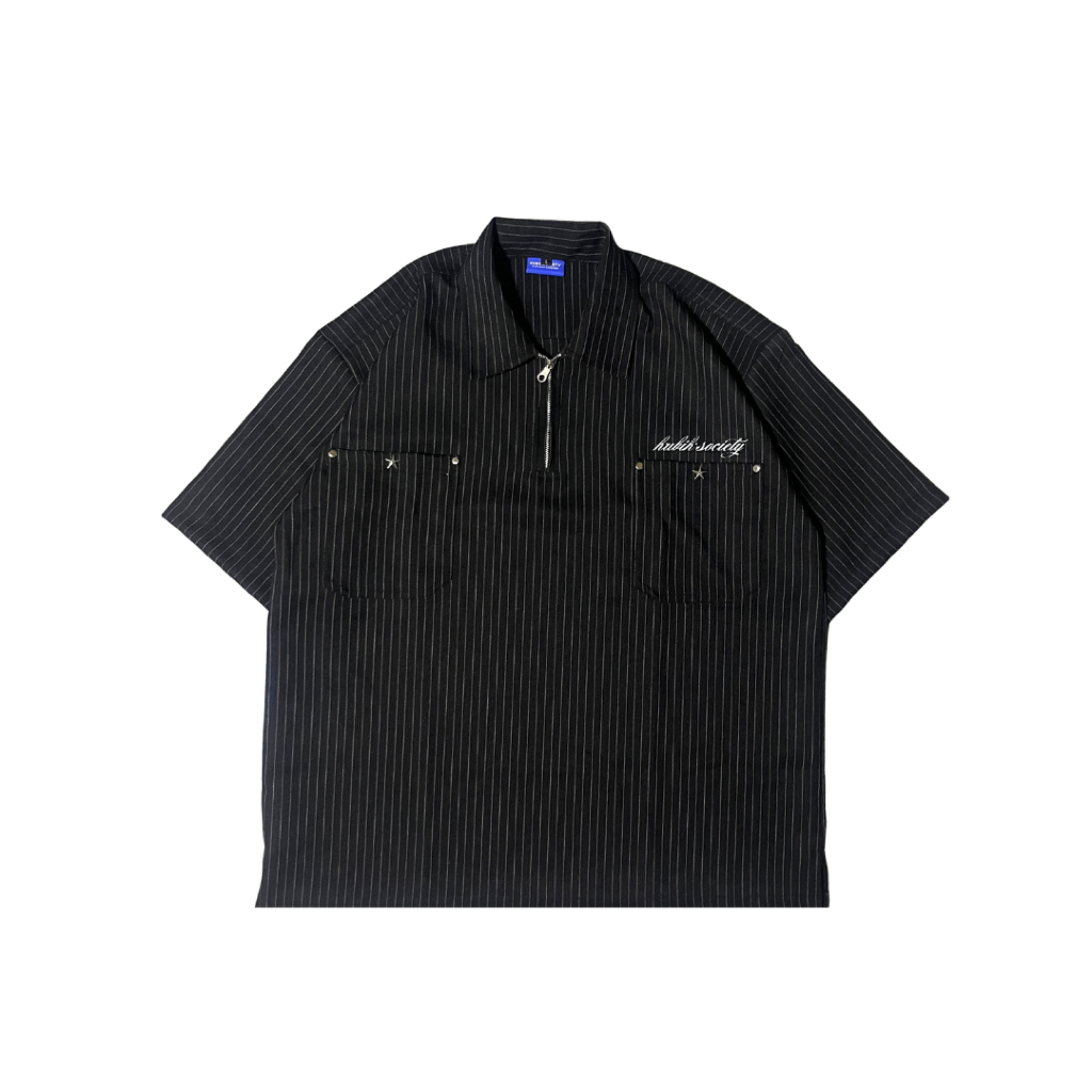 Kubik Society Workshirt Stripe - Kemeja Stripe Salur Halfzipper Hitam Pendek