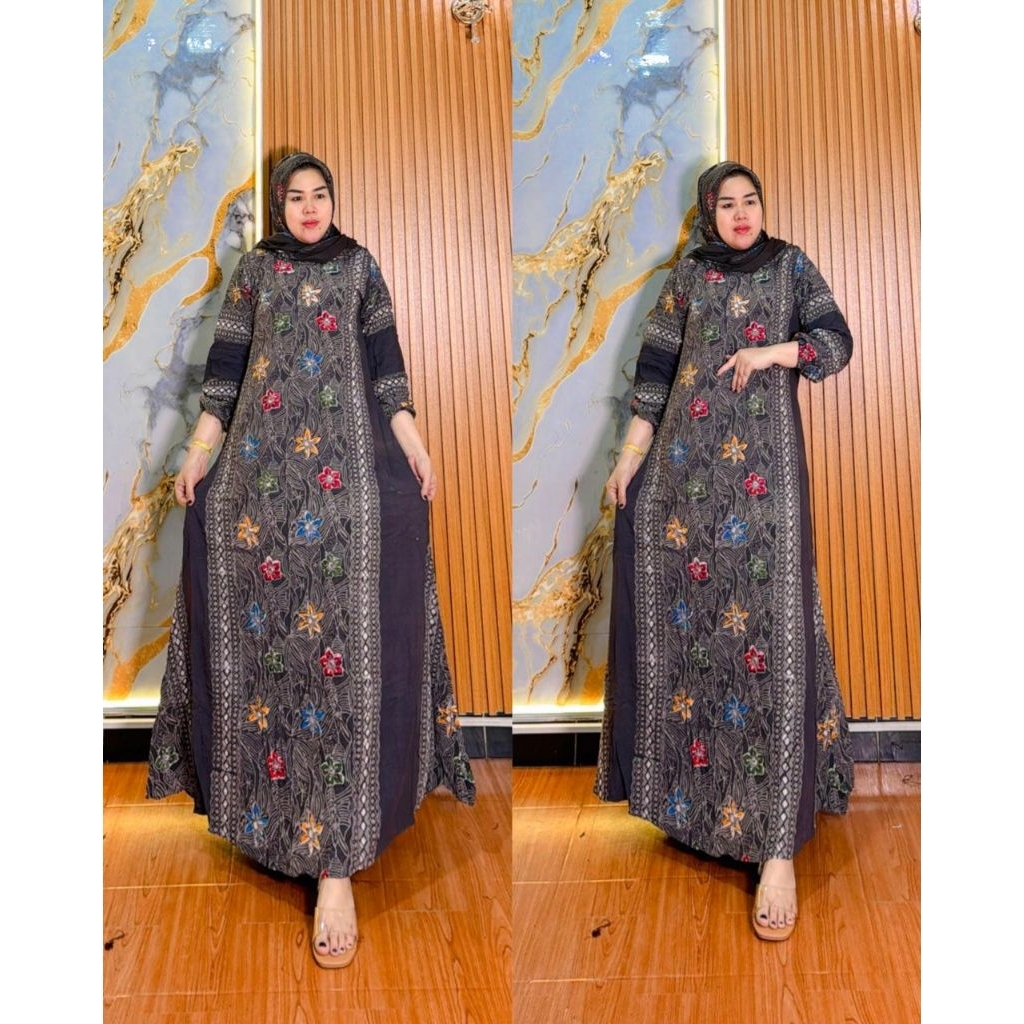 gamis dress set hijab bahan rayon tuwil motif batik storjoan