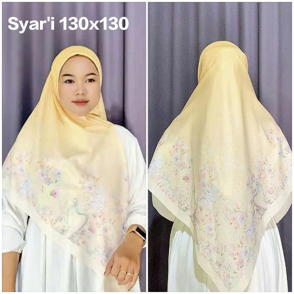 HIJAB SYAR'I JUMBO SEGI EMPAT VOAL MOTIF BUNGA HARPA KUNING SOFT