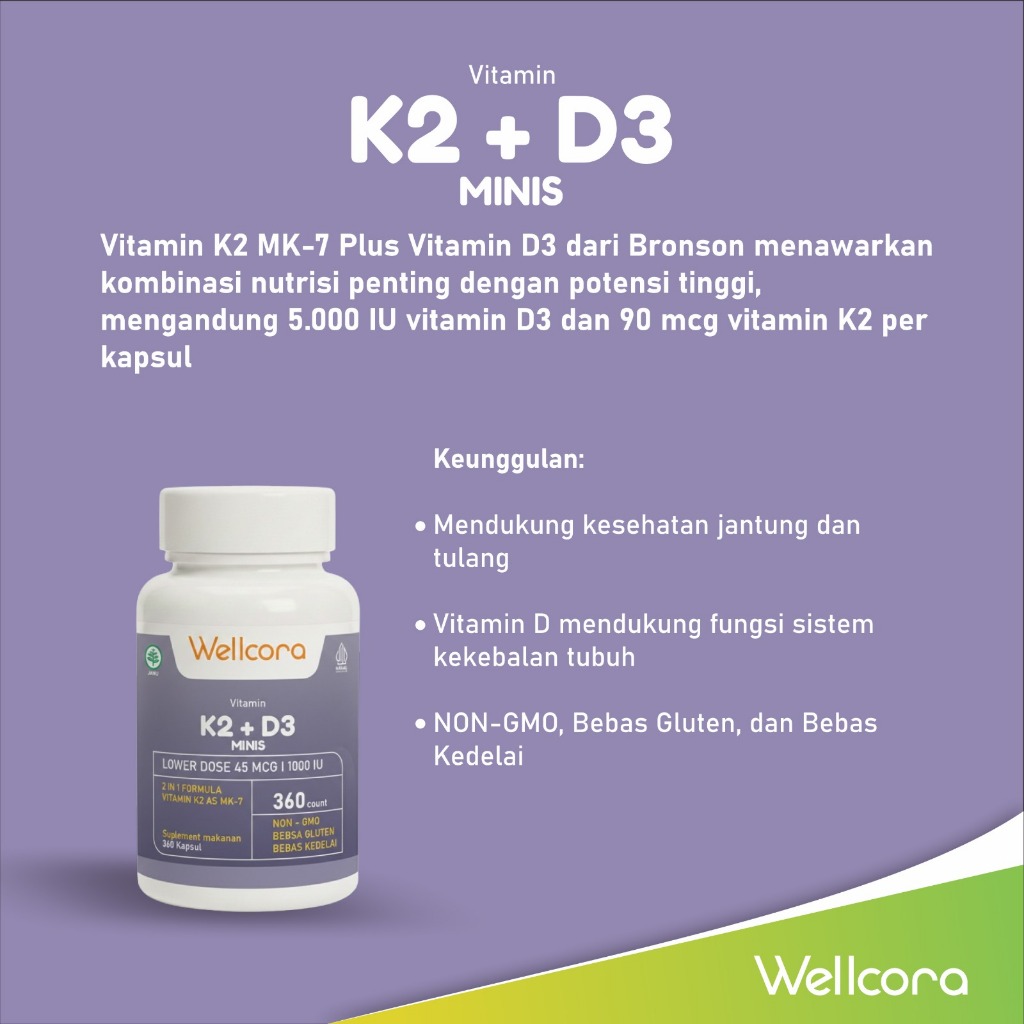 Wellcora Vitamin K2 + D3 | 1000IU + 45mcg / 5000IU + 90mcg / 10000IU + 120mcg | 100% Original USA