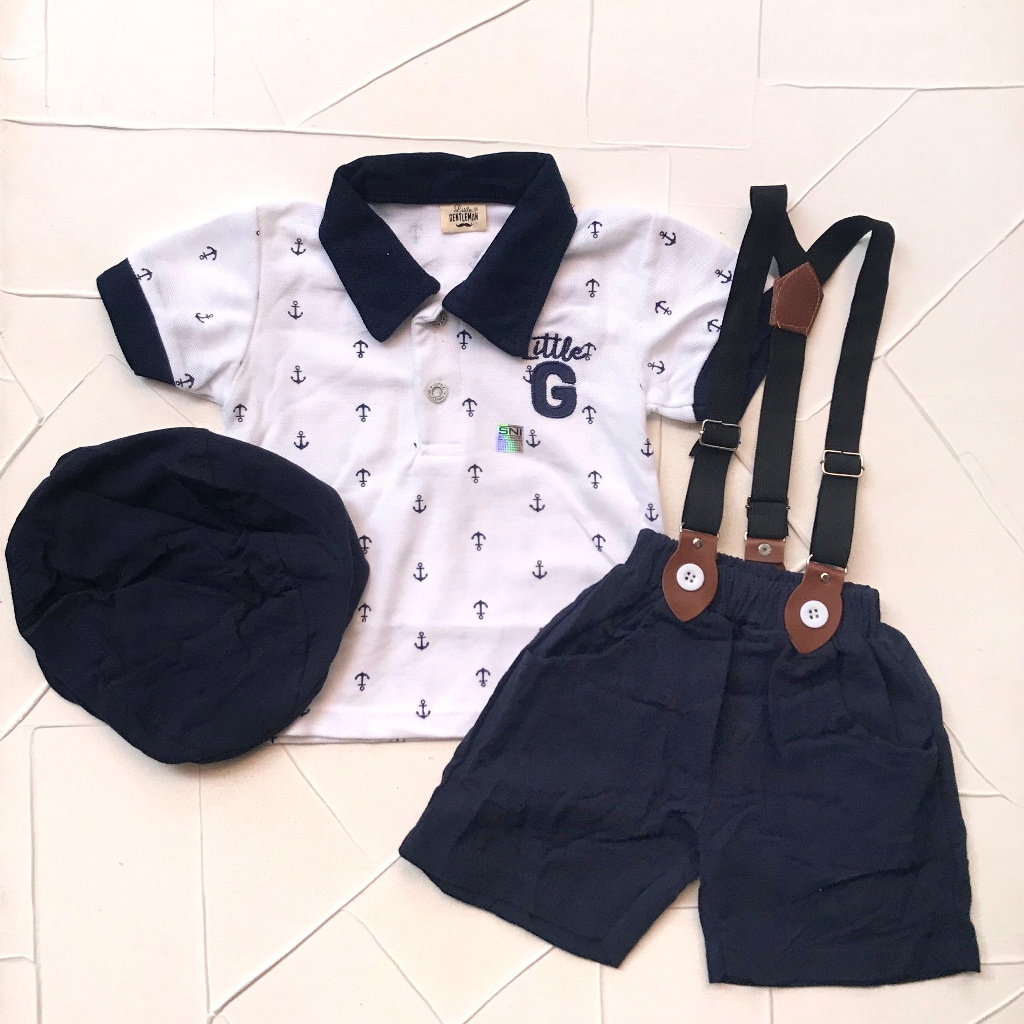 Baju Bayi Laki Laki Kaos Kerah Wangki 0-6 Bulan Set Topi Setelan Acara Anak Bayi Cowok Lucu
