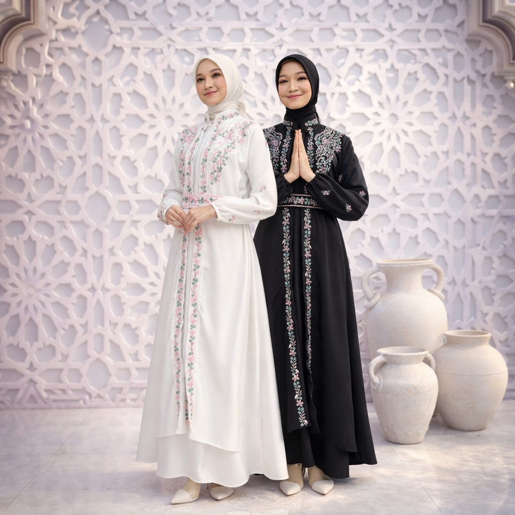 PRQUEEN Hijab Dress Gamis Putih Hitam-  Radwah Abaya Maxy Bordir Wanita Muslimah