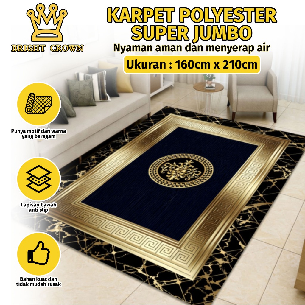 Bright Crown X HappyFamily LOKAL Karpet Polyester UK 160x210CM BERKUALITAS Anti Slip Mewah