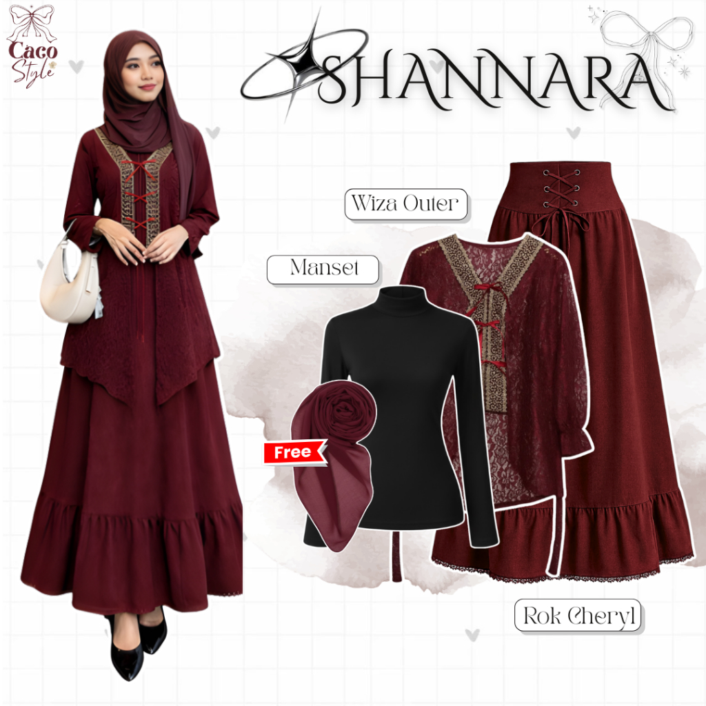 SHANNARA OneSet 4In1 Maroon OOTD Lebaran Tunik Brokat ( Bella Sqaure + Manset + Tunik + Rok ) -CO115