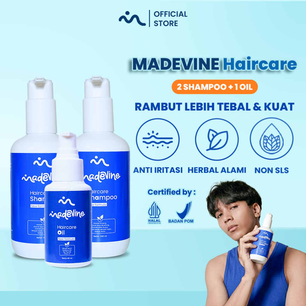 MADEVINE - Paket 2 Shampoo & 1 Hair Oil Perawatan Rambut Rontok Kebotakan & Kering