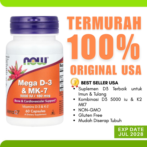 Suplemen Vitamin Mega D3 D 3 dan MK7 MK 7 5000iu 180mcg 60 Capsules - D3 5000 IU + K2
