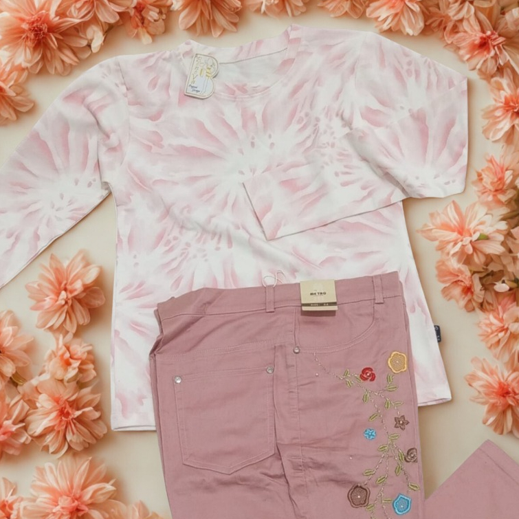 Setelan Kaos Crop Top Pink Cotton Korea Lengan Panjang