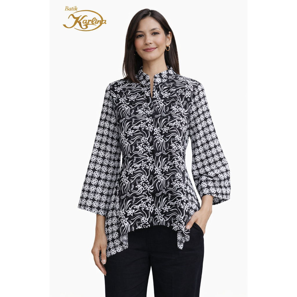 Blouse Batik Kombinasi HItam Putih/Atasan wanita BATIK KARLINA SOLO