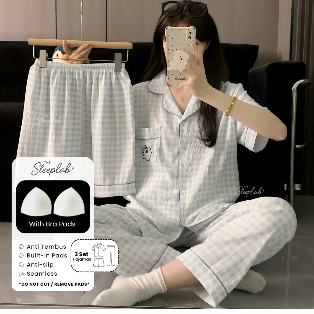 Sleeplab Light Gingham Braless Pajamas 3 Set Pajamas | Piyama Premium | Setelan Piyama | Built-in Br