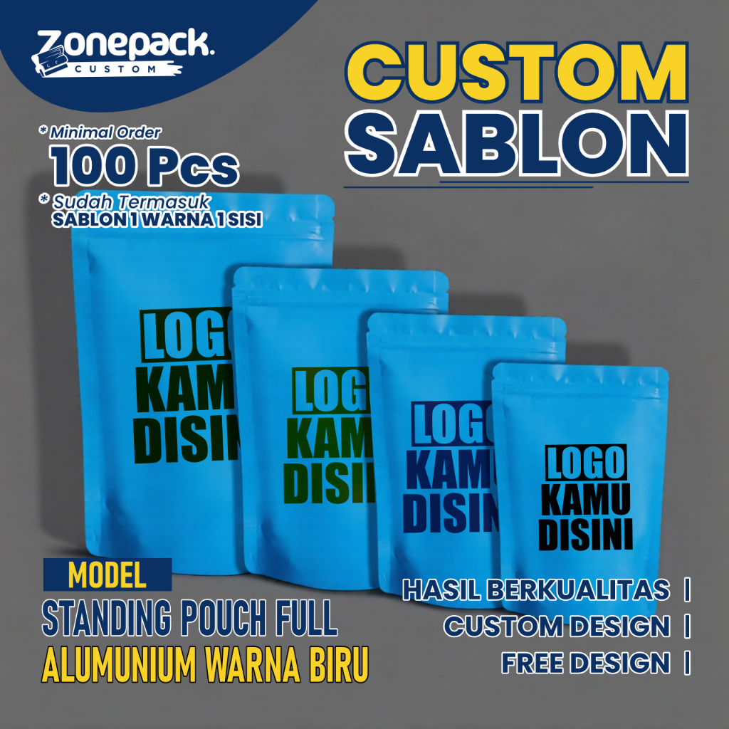 Sablon Standing Pouch Full Alumunium BIRU | Metalized Foil Non Windows | Standing Pouch Ziplock | St