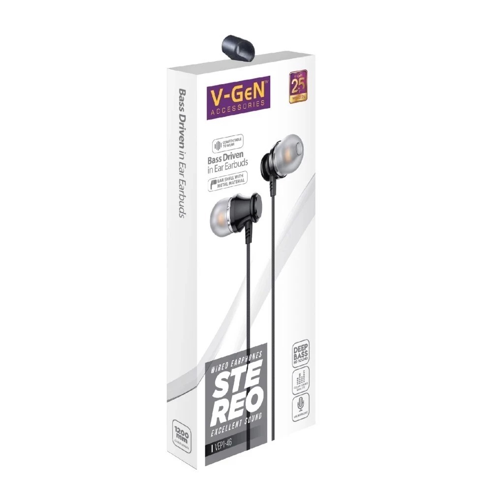 Handsfree V-GeN VEP1-46 Wired Earphone Headset Stereo Sound Kompatibel untuk semua HP 3.5M [RAG]