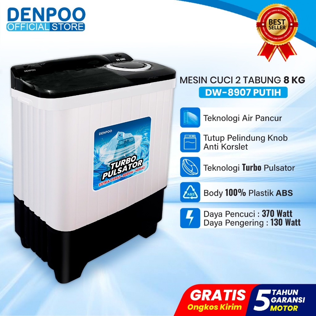 Denpoo Mesin Cuci 2 Tabung DW 8907 8Kg