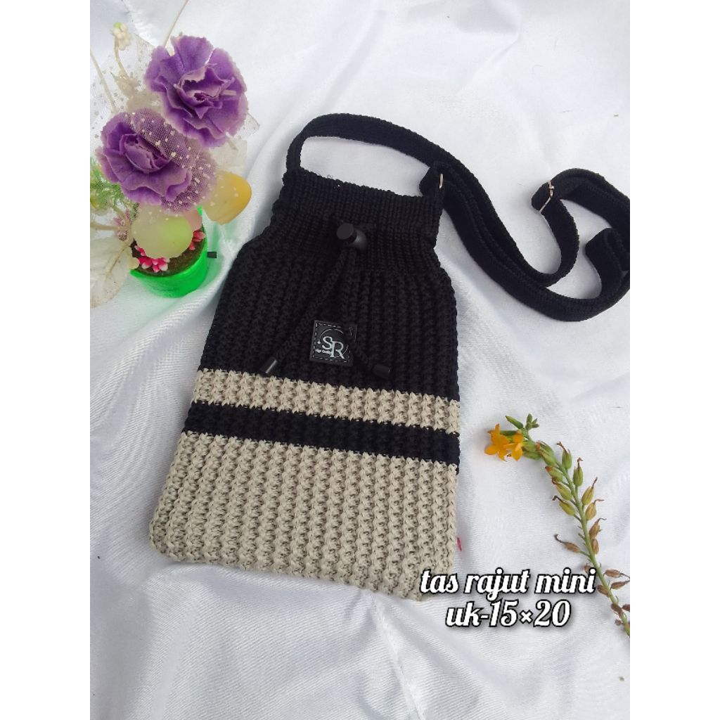 tas rajut serut combinasi/tas selempang rajut mini