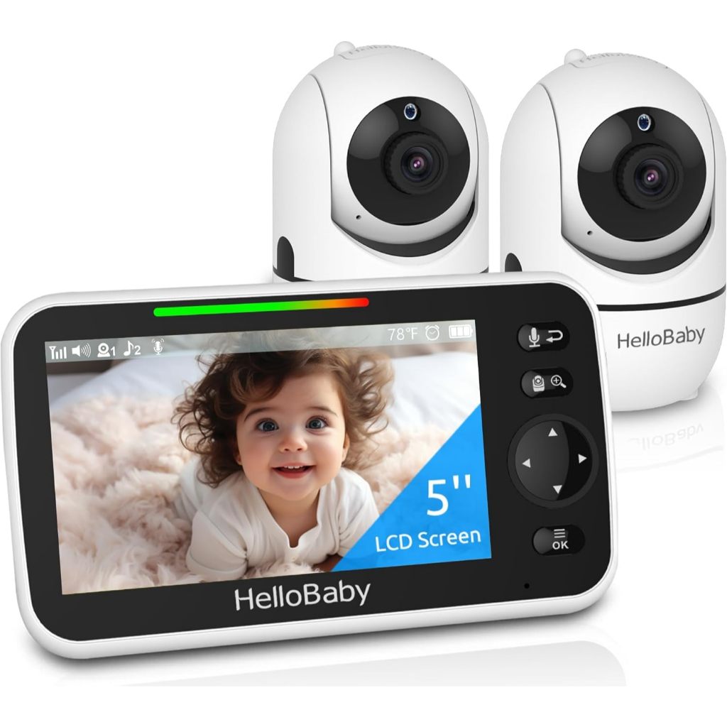 HelloBaby Upgrade 5’’ Baby Monitor with 30-Hour Battery, 2 Cameras Pan-Tilt-Zoom, 1000ft Range Video