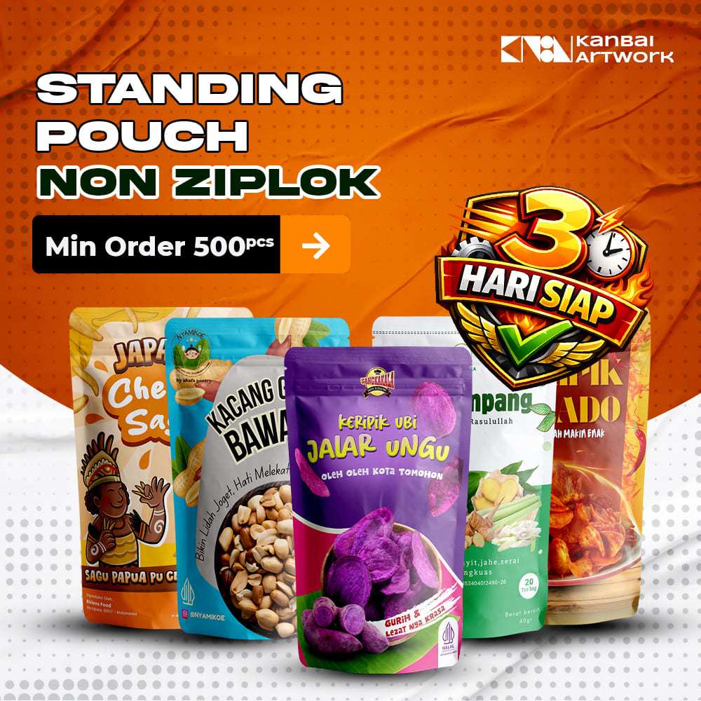 Cetak Kemasan Custom Standing Pouch Non Zipper Gratis Desain (min.500pcs)