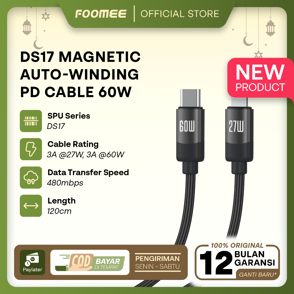 FOOMEE DS17 | Magnetic Braided Cable | USB-C to USB-C/USB-C to Lightning | 27W/60W | 120cm | Anti Ta