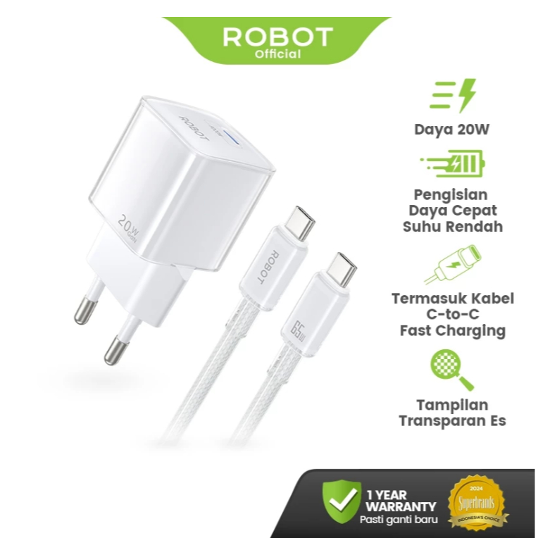 ROBOT Charger Kompatibel untuk Fast Charging iPhone15-17/Android GaN 20W Free Kabel C to C RT-L9 Ori