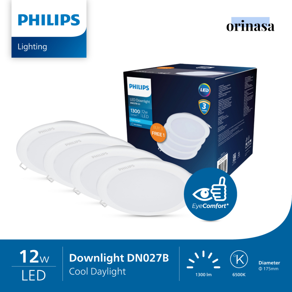 BELI 3 GRATIS 1 Lampu Plafon Philips 12W 12 Watt LED Downlight  DN027B G3 D150 Multipack