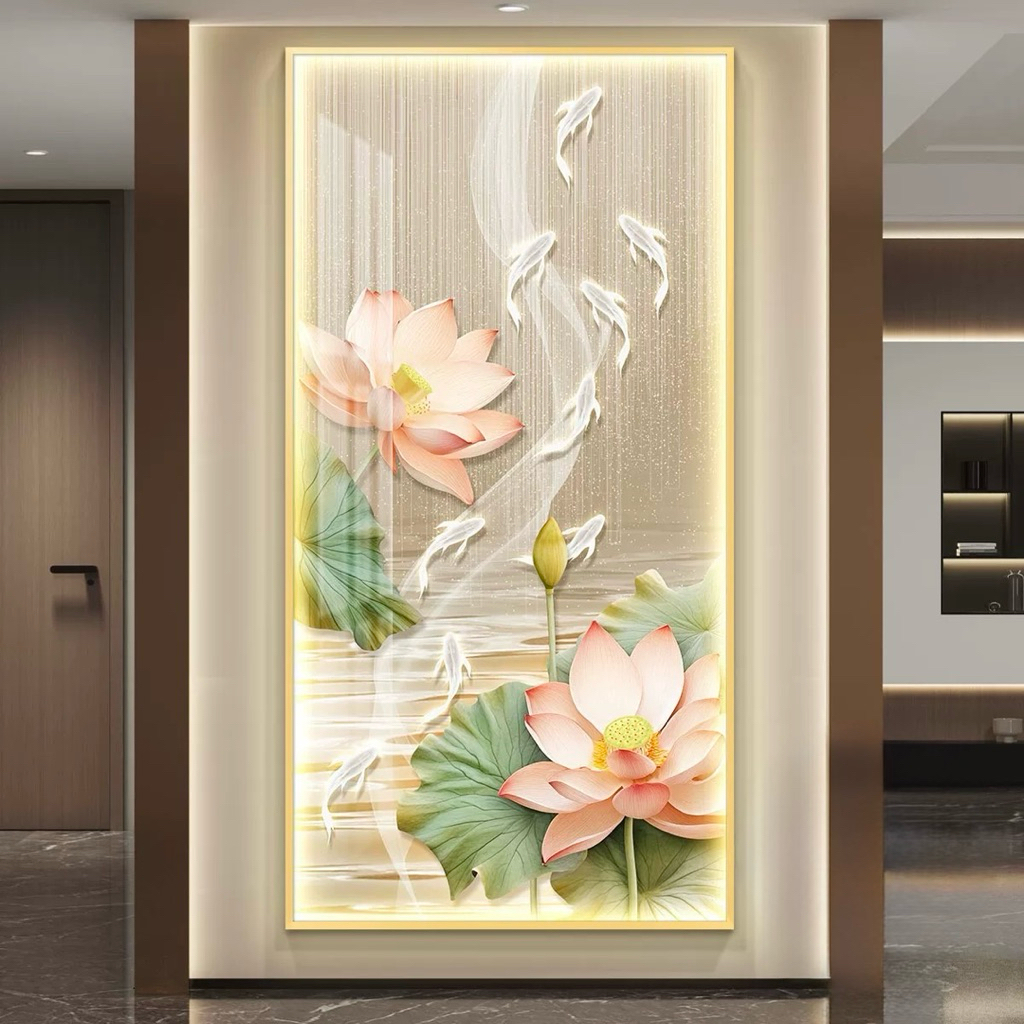 KOKOPAINTING Lukisan Porcelain Diamond 5D Kristal LED Motif Bunga Teratai Lotus 9 Ikan Koi Fengshui 