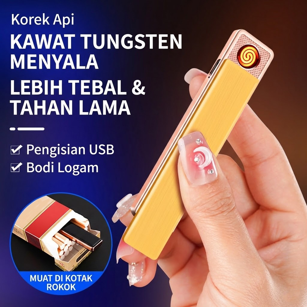 Korek Api Elektrik USB Tungsten Tanpa Api Tahan Angin Ukuran Slim Bisa Masuk Kotak Rokok Elegant