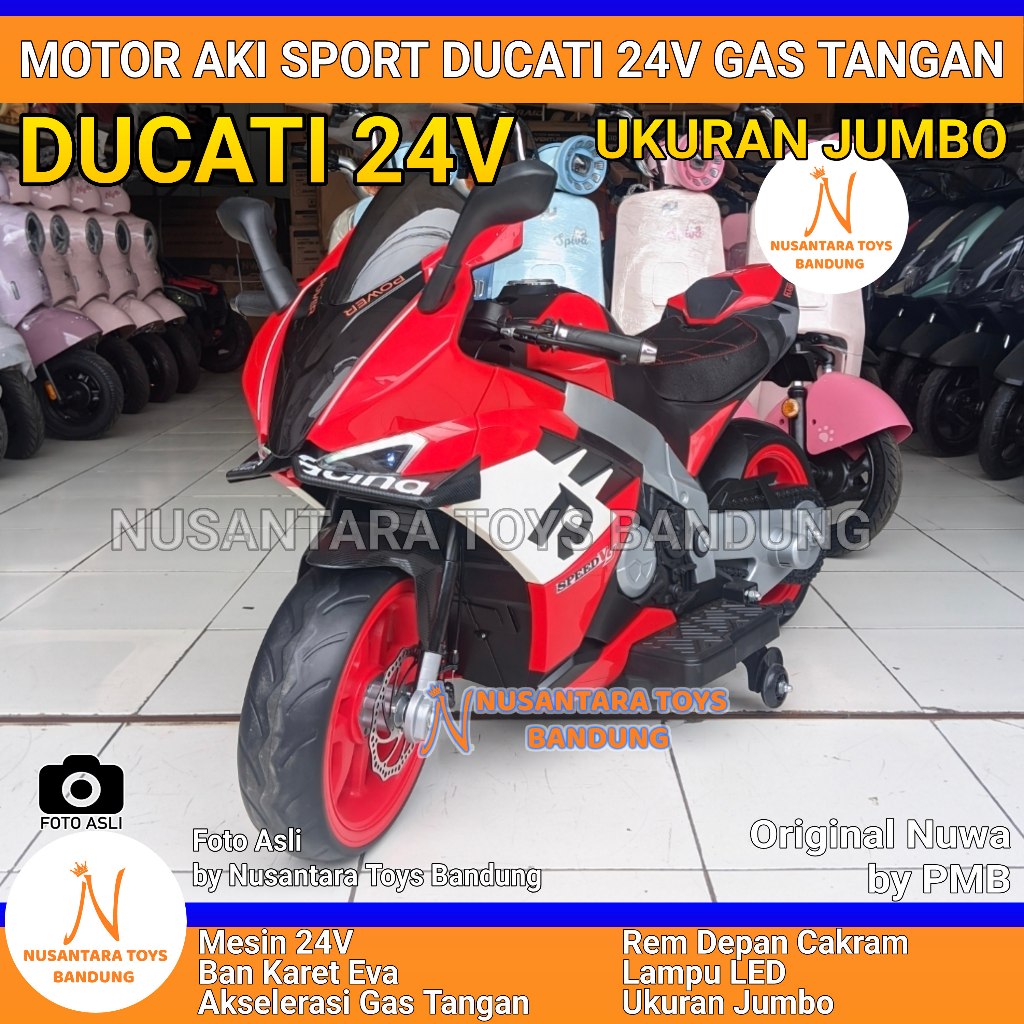 Motor Aki Anak SPORT DUCATI 24V GAS TANGAN BAN KARET EVA Original PMB NUWA Ada REM CAKRAM UKURAN JUM