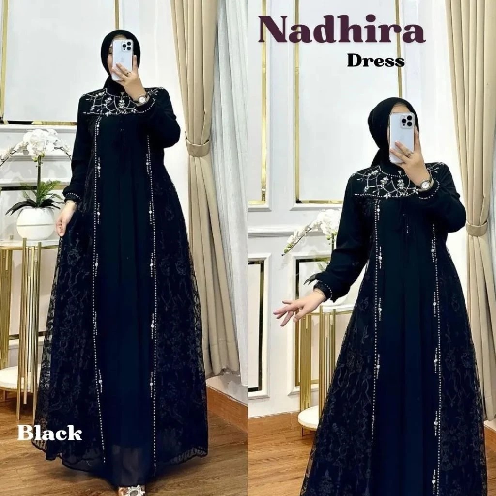 Gamis Pesta Mewah Kondangan Nadhira Maxy Bahan Ceruty Babydoll Full Puring Mix Brukat Aplikasi Swaro