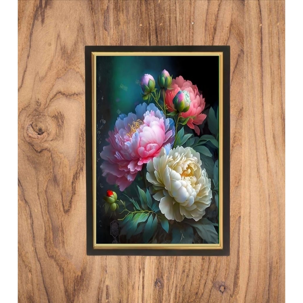 hiasan dinding lukisan cetak gambar bunga Peony plus bingkai uk 65x45cm