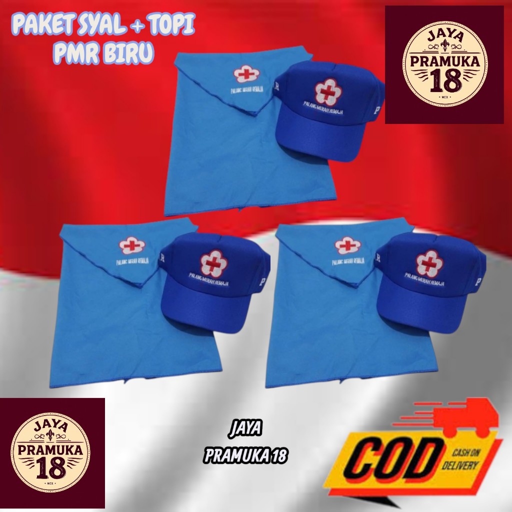 Topi PMR plus Syal PMR Biru Bordir / Paket Topi PMR + Syal PMR Biru Bordir