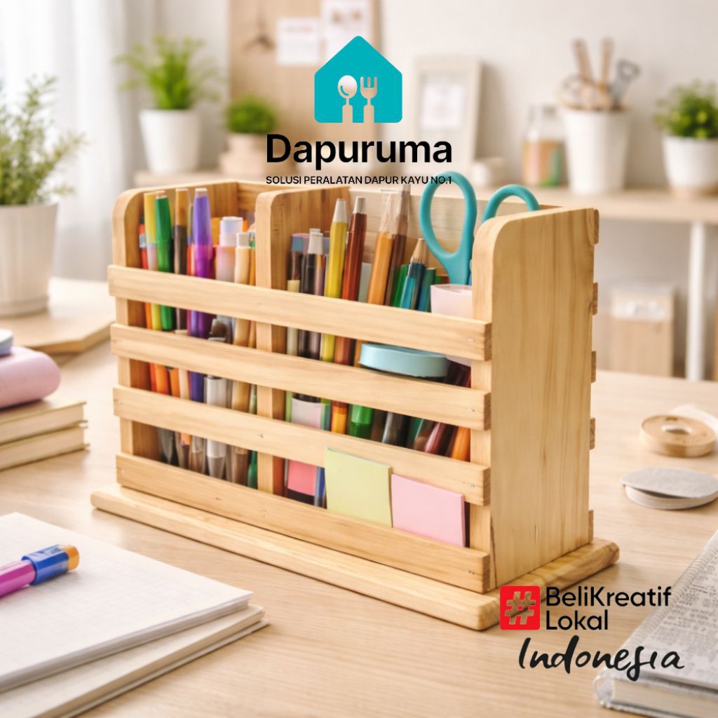 Tempat Pensil Kayu Serbaguna / Tempat Peralatan Kantor / Tempat ATK Kantor di Meja / Rak Pensil Kayu
