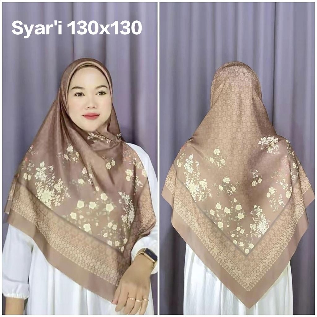 HIJAB SYAR'I JUMBO VOAL MOTIF BUNGA VENEZIA COKELAT UK 130X130