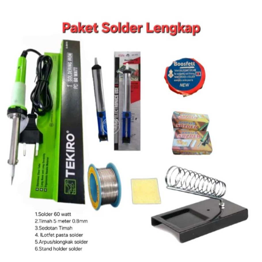 TEKIRO SOLDER 60 WATT Paket Lengkap 6 ITEM Peralatan Solder-Timah panjang 5meter 0.8mm - Dudukan/Sta