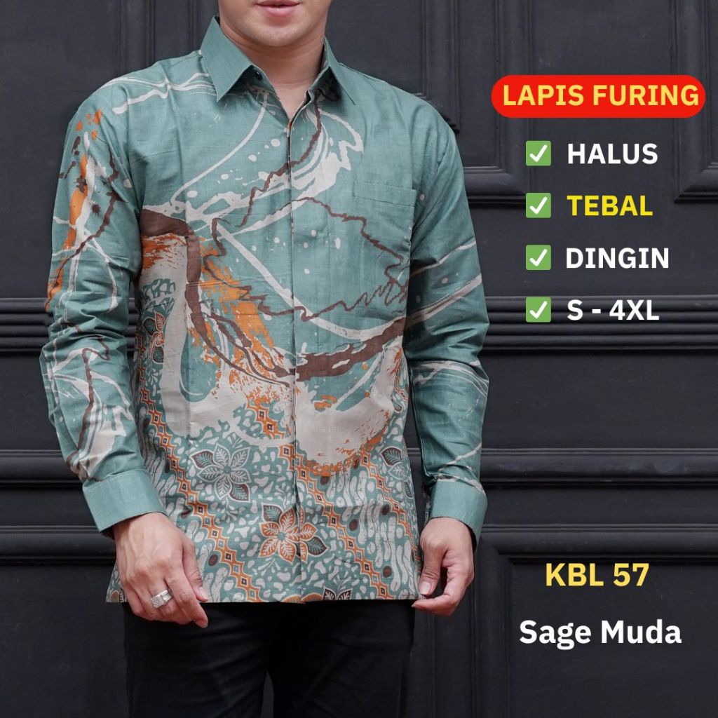 Batik Pria Lengan Panjang Lapis Furing Batik Ambari Standar dan Jumbo S - 4XL Warna Sage Muda KBL 57