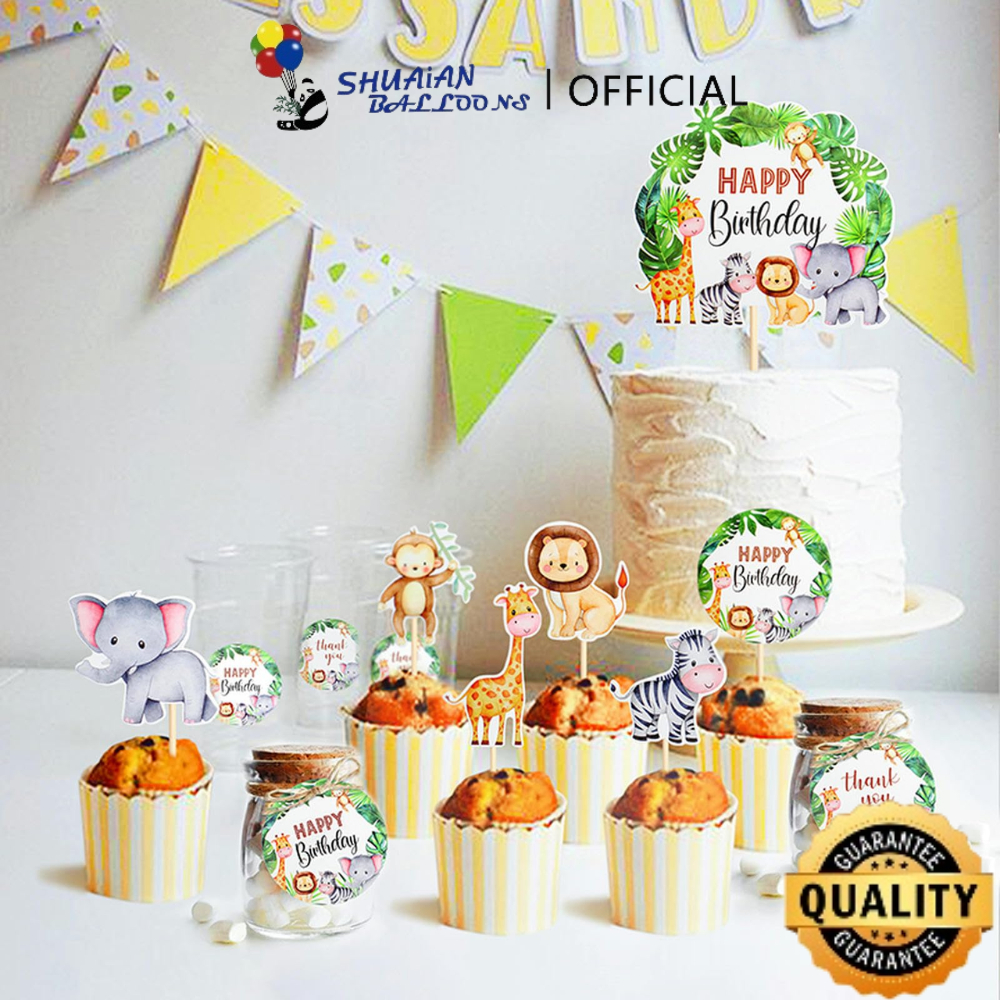 SHUAIAN Cake Topper Happy Birthday Bertema Animal Safari Hutan Jungle Topper Tusukan Kue Muffin Hewa