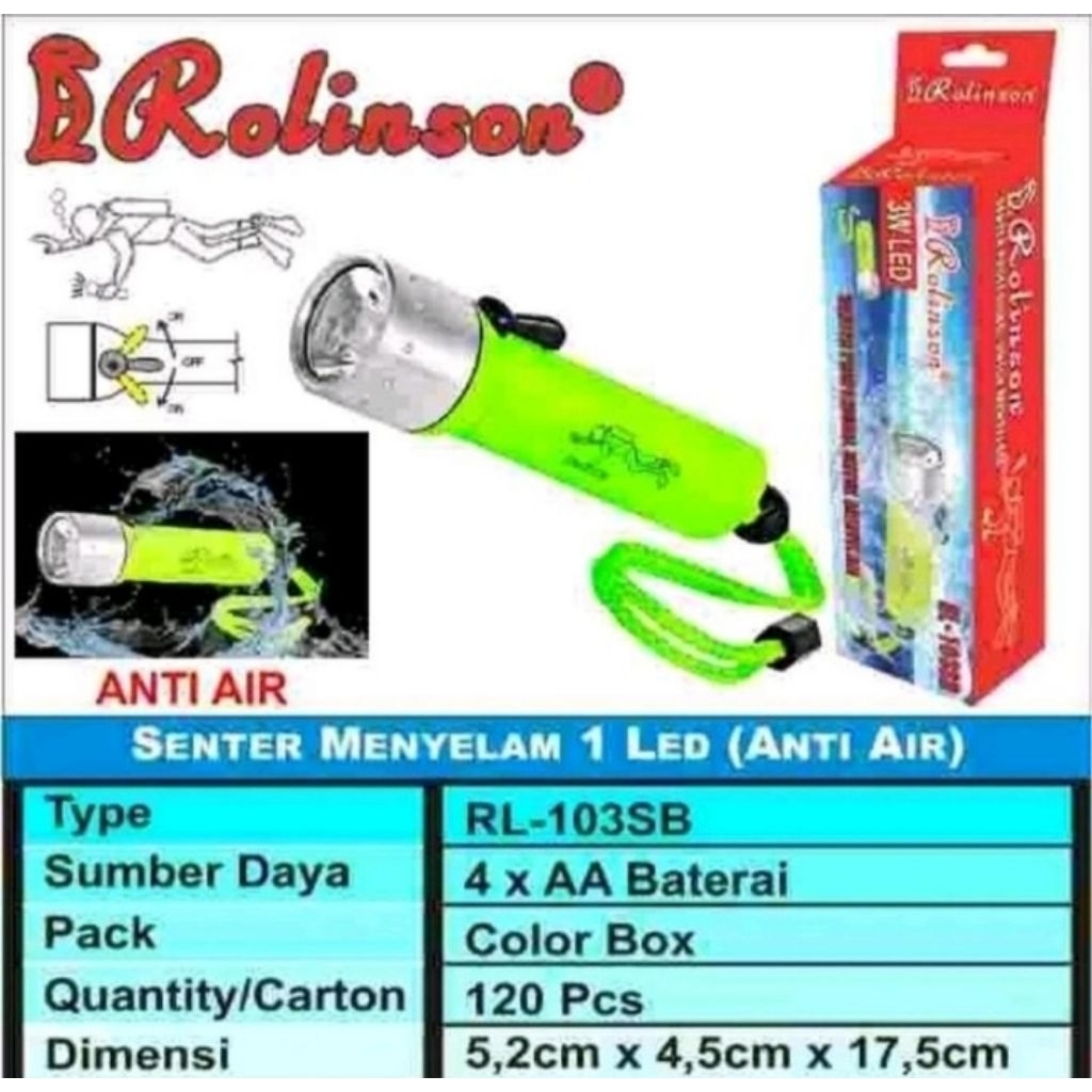 ERolinson Senter Menyelam RL-103SB Senter Menyelam Anti Air dengan 1 LED