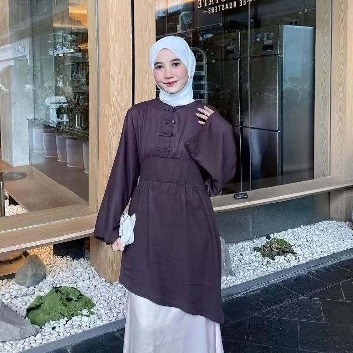Nuby Tunik Miring Kancing Cina Cheongsam Lebaran Fit Body Baju Muslim Wanita
